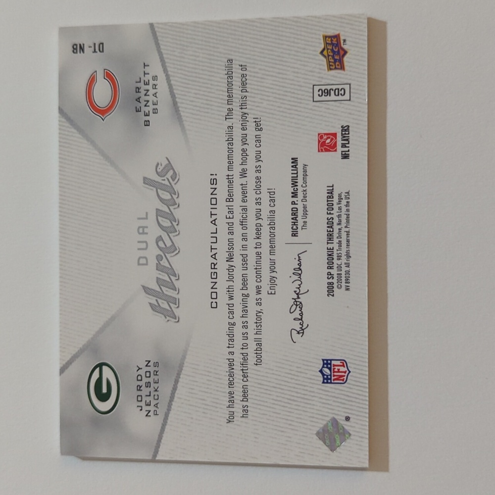 2008 SP Rookie Threads dual threads Jordy Nelson Earl Bennett Bears Packers - Picture 3 of 4
